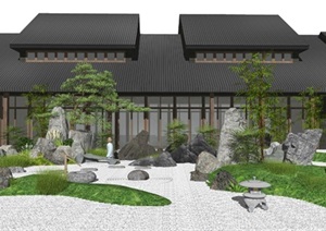新中式景观小品枯山水庭院景观假山石头水景松树植物SU(草图大师)模型