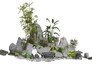 新中式景观小品庭院景观假山石头水景植物SU(草图大师)模型1