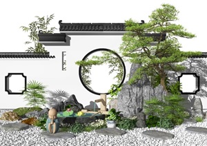 新中式景观小品庭院景观假山石头水景松树景墙枯山水SU(草图大师)模型