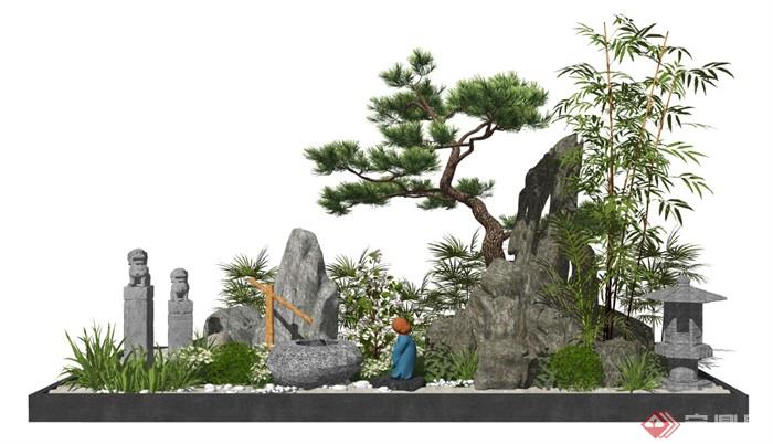 新中式景观小品庭院景观假山石头水景松树栓马柱SU模型