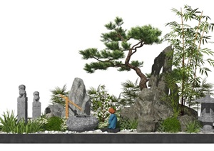 新中式景观小品庭院景观假山石头水景松树栓马柱SU(草图大师)模型