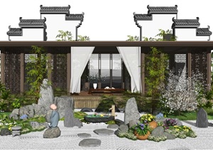 新中式景观小品假山石头水景庭院景观枯山水景墙植物盆栽SU(草图大师)模型