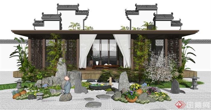 新中式景观小品假山石头水景庭院景观枯山水景墙植物盆栽SU模型