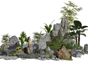 新中式景观小品假山石头水景植物庭院景观SU(草图大师)模型