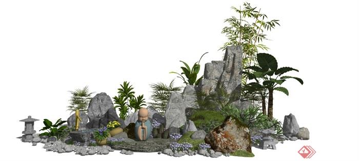 新中式景观小品假山石头水景植物庭院景观SU模型 - 副本