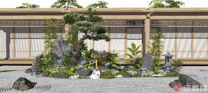 新中式景观小品枯山水庭院景观假山石头水景植物茶室SU模型