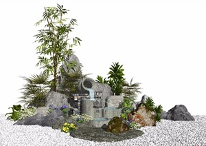 新中式景观小品庭院景观假山石头水景跌水景观枯山水SU(草图大师)模型