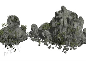新中式假山石头景观小品叠石植物庭院景观SU(草图大师)模型