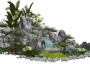 新中式假山石头景观小品庭院景观水景植物跌水景观SU(草图大师)模型