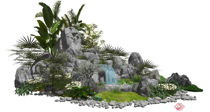 新中式假山石头景观小品庭院景观水景植物跌水景观SU模型 - 副本