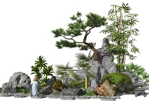 新中式景观小品庭院景观假山石头水景松树植物SU(草图大师)模型