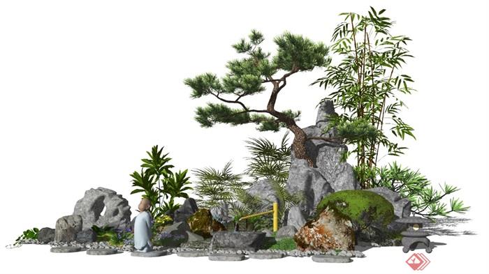 新中式景观小品庭院景观假山石头水景松树植物SU模型 - 副本