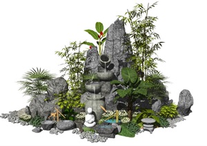 新中式假山石头景观小品跌水景观水景植物枯山水 SU(草图大师)模型