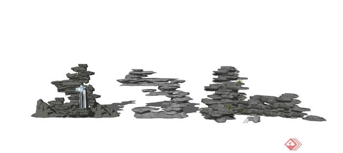 新中式假山石头景观小品太湖石假山叠石水景SU模型1