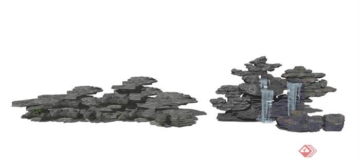 新中式假山石头景观小品太湖石假山叠石水景SU模型2