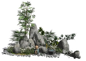 新中式假山石头 景观小品庭院景观水景叠石植物枯山水景石SU(草图大师)模型