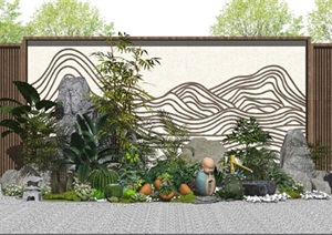 新中式景观小品景墙水景植物假山石头庭院景观景石枯山水SU(草图大师)模型