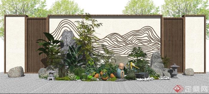 新中式景观小品景墙水景植物假山石头庭院景观景石枯山水SU模型 - 副本