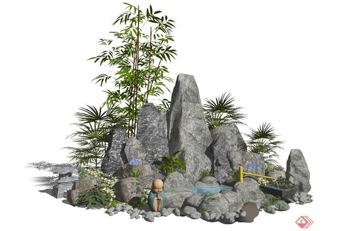 新中式假山水景庭院景观植物石头景观小品跌水景观SU模型