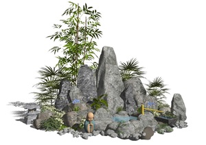 新中式假山水景 庭院景观植物石头景观小品跌水景观SU(草图大师)模型
