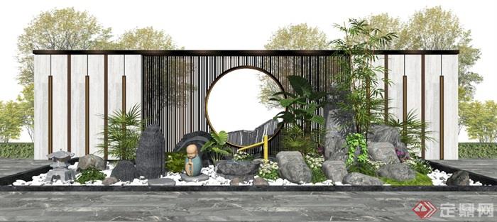 新中式景观小品庭院景观景墙假山石头水景植物景石枯山水SU模型 - 副本 (2)