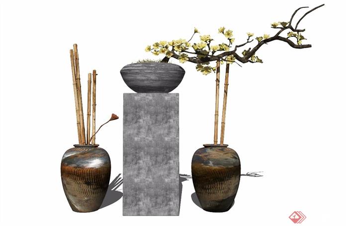 新中式装饰品盆栽摆件花瓶陶罐植物SU模型