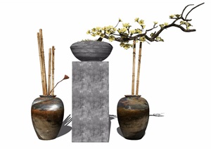 新中式装饰品盆栽摆件花瓶陶罐植物SU(草图大师)模型