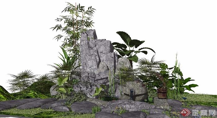 新中式假山石头景观小品水景石磨植物庭院景观景石SU模型
