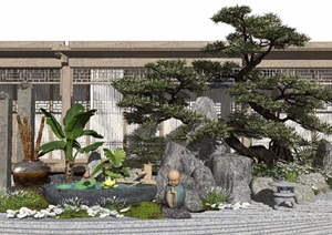 新中式景观小品枯山水庭院景观茶室假山石头景观树景石植物松树水景SU(草图大师)模型