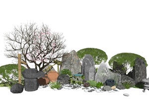 新中式假山叠石 石头枯枝 景观小品 庭院景观SU(草图大师)模型0