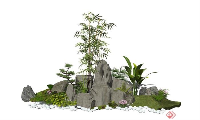 新中式假山叠石 石头 植物 竹子 景观小品 庭院景观su模型