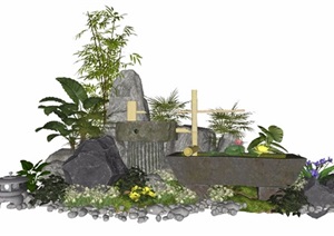 新中式假山石头景观小品跌水景观景石水景庭院景观植物SU(草图大师)模型