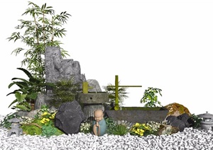 新中式景观小品假山石头水景枯山水景石庭院景观石磨植物SU(草图大师)模型