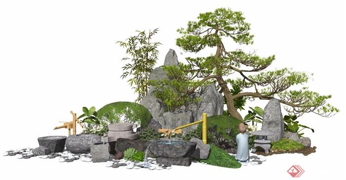 新中式景观小品假山石头庭院景观枯山水景石跌水景观水景松树植物SU模型 - 副本 (2)