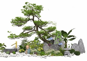 新中式景观小品庭院景观假山石头水景松树植物景石SU(草图大师)模型
