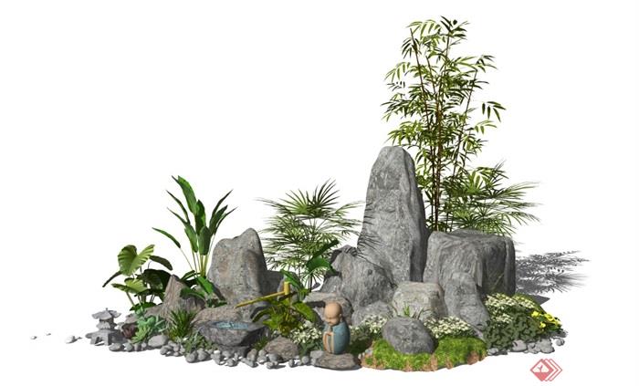 新中式景观小品假山石头庭院景观景石植物水景SU模型 - 副本