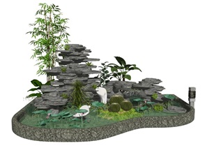 新中式景观小品假山石头水景植物庭院景观景石SU(草图大师)模型
