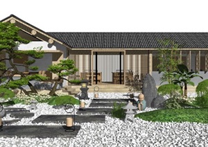 新中式庭院景观枯山水假山石头景观小品茶室松树景石民宿SU(草图大师)模型