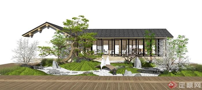 新中式庭院景观枯山水景观小品茶室假山石头松树植物景石SU模型 - 副本