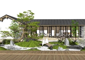 新中式庭院景观枯山水景观小品茶室假山石头松树植物景石SU(草图大师)模型