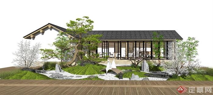 新中式庭院景观枯山水景观小品茶室假山石头松树植物景石SU模型_看图王