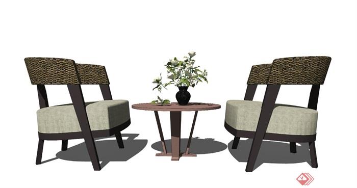 新中式休闲椅组合茶几休闲沙发盆栽花瓶摆件SU模型