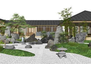新中式庭院景观枯山水茶室景观小品假山石头水景松树景石SU(草图大师)模型