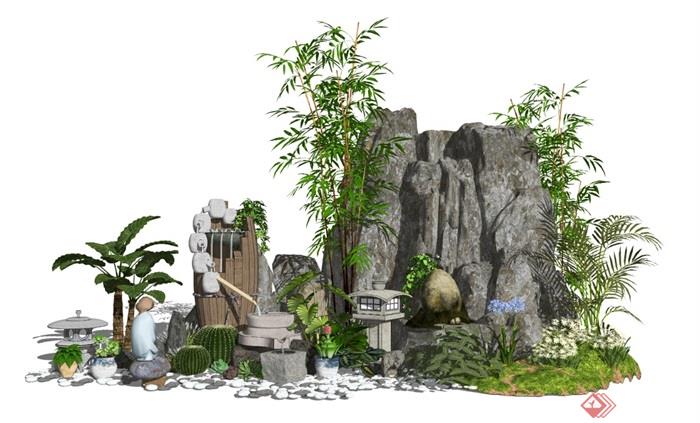新中式景观小品假山石头水景植物石灯跌水景观庭院景观SU模型 - 副本 (2)