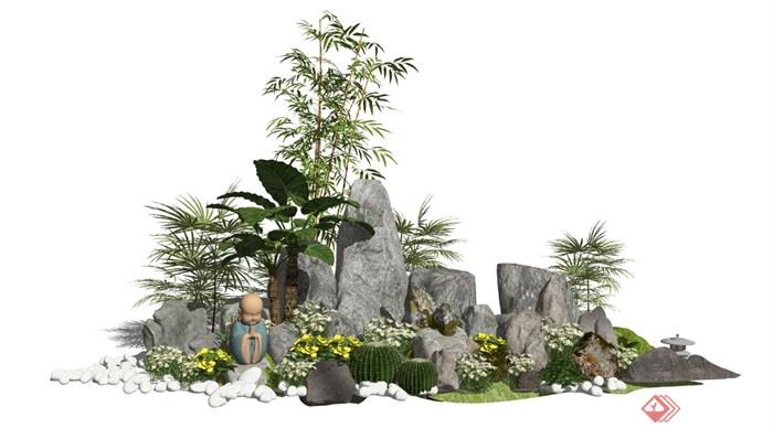 新中式假山石头景观小品枯山水植物景石庭院景观SU模型