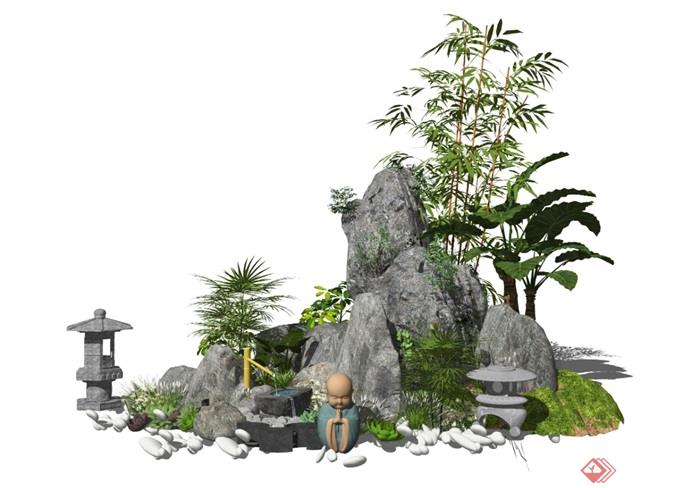 新中式假山石头景观小品庭院景观枯山水景石水景植物SU模型 - 副本 (2)