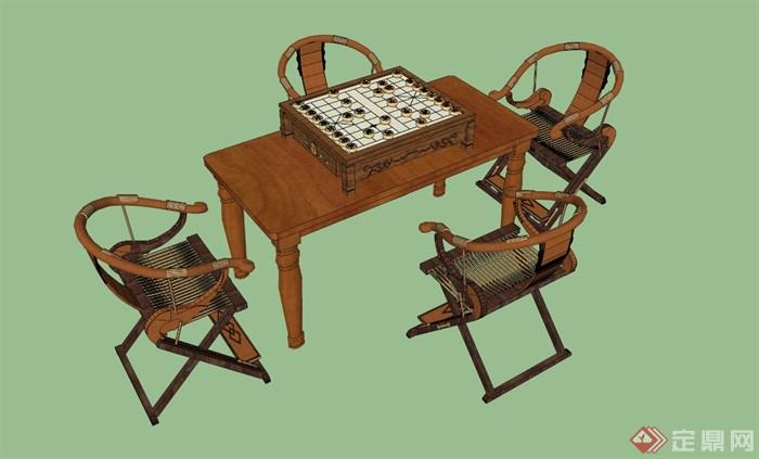 中式桌椅棋盘象棋SU模型
