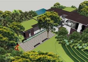 新中式风格别墅带景观3SU(草图大师)模型素材
