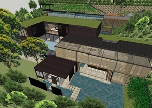 新中式风格别墅带景观4SU(草图大师)模型素材