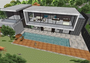 新中式风格别墅带景观5SU(草图大师)模型素材